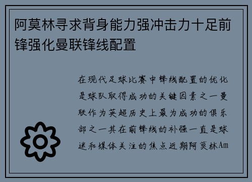 阿莫林寻求背身能力强冲击力十足前锋强化曼联锋线配置